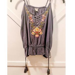 Aeropostale Peplum Embroidered Floral Cami Tank, criss cross chest tie bottom